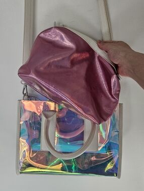 Unbranded Pink Metallic Pouch & Iridescent Tote Set